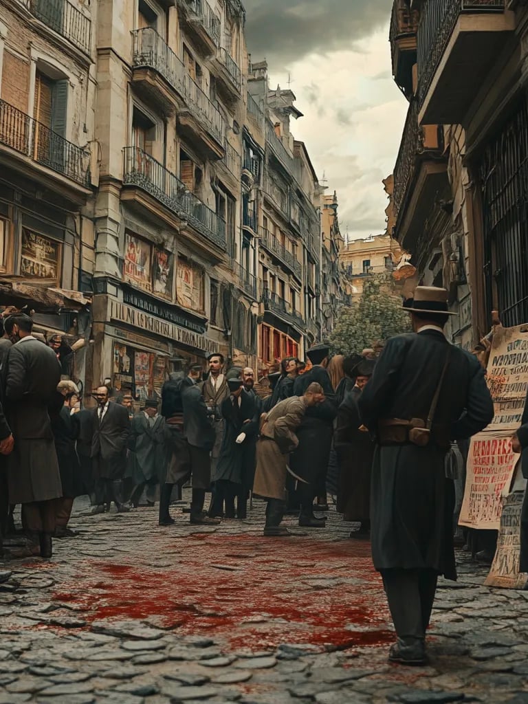 bloodstained cobblestones outside Madrid bookstore, Canalejas