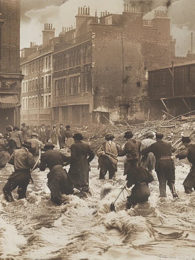 Londoners in 19th-century attire forming a human chain to pull a child from the swirling floodwaters