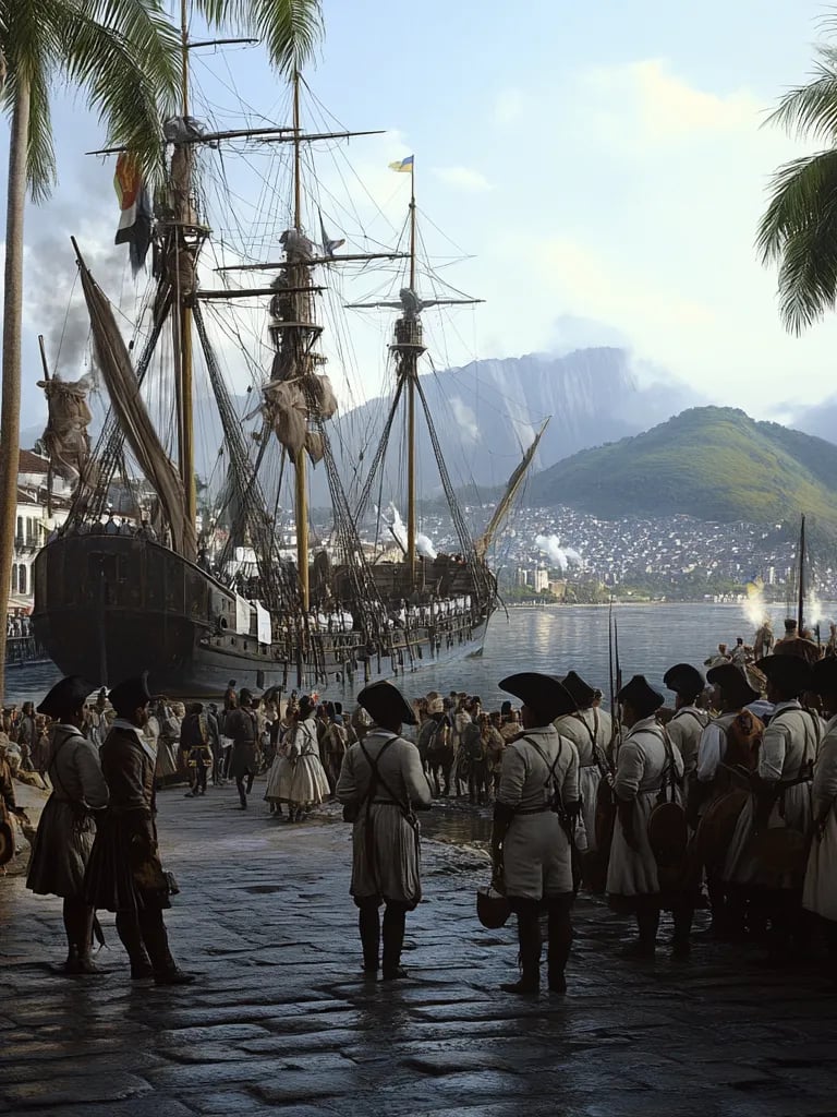 Rio de Janeiro harbor, tropical dawn light glints off Portuguese warships