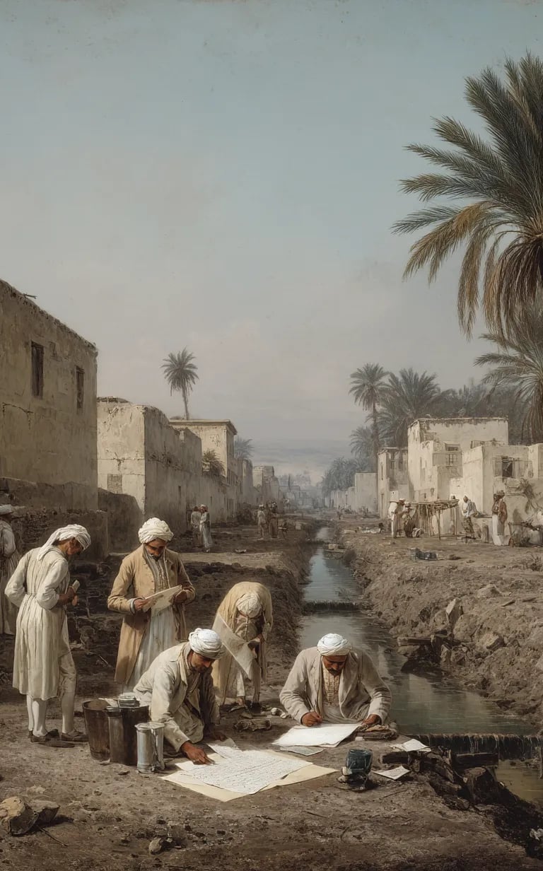 French savants in high-collared coats and simple waistcoats unroll papyrus manuscripts