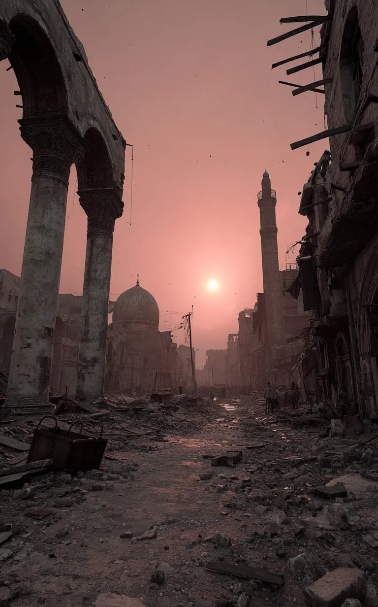 ruined heart of Baghdad, streets lined with marble colonnades