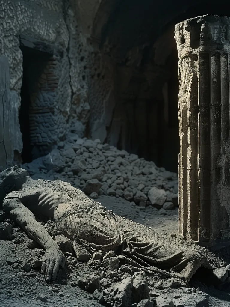 petrified body encased in volcanic ash, its position frozen in time