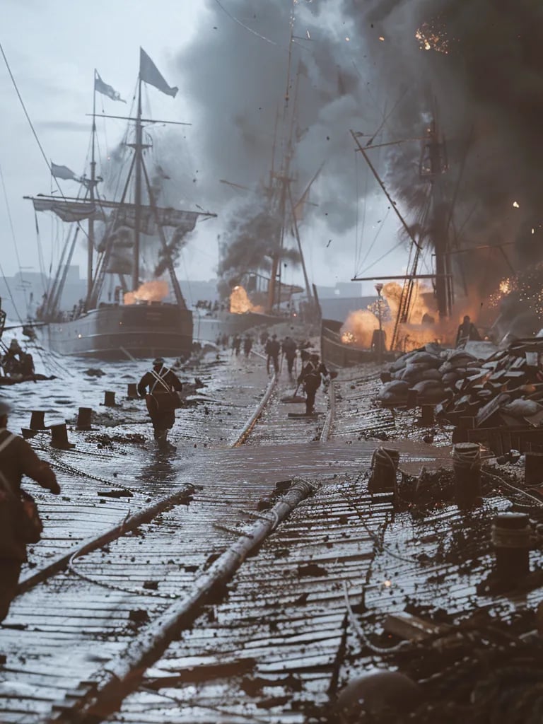 Russian dock workers running for cover as Turkish shells rain down on the harbour