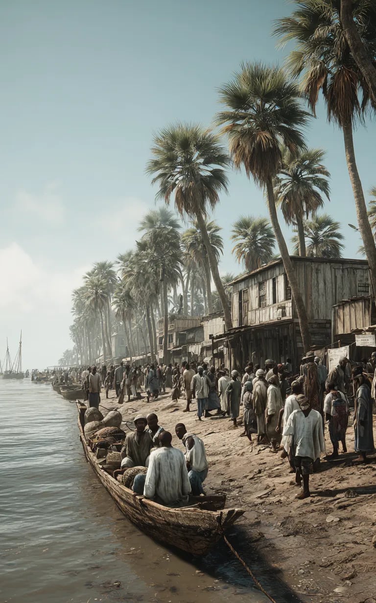 Saint-Louis’s muddy riverbank: Portuguese merchant vessel’s longboat lowers survivors dressed in hal