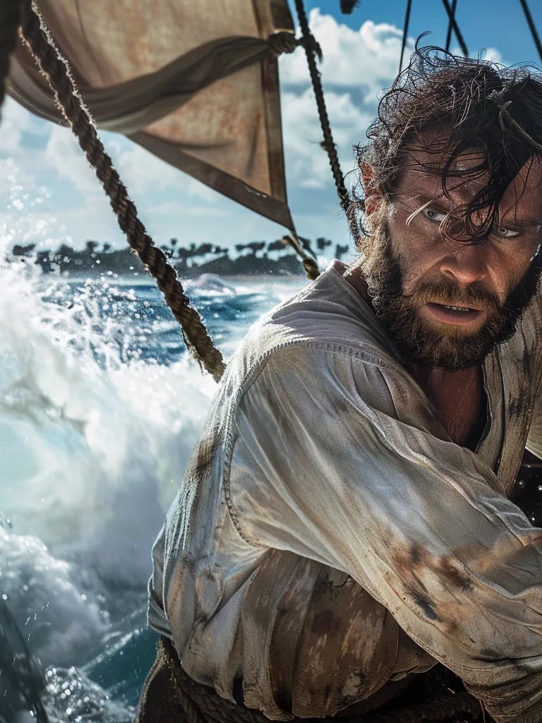shot of a lone lookout in a patched linen shirt, clinging to the bowsprit as waves crash below