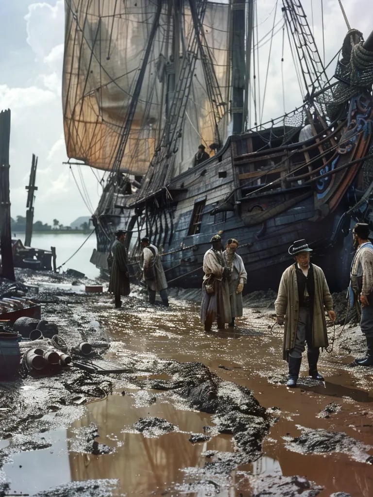 wooden slave ship docked at the bustling Savannah port