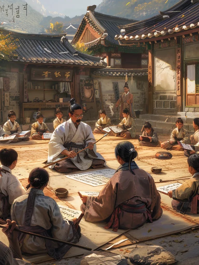 group of commoners learning to read Hangul for the first time