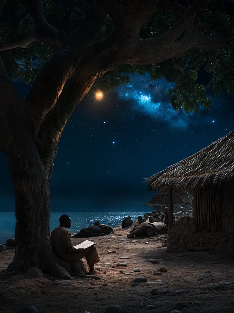 Amistad survivor reflects quietly by ocean in Sierra Leone, 1841.