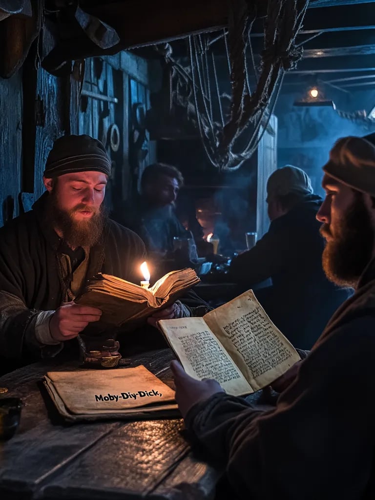 smoky seaside tavern in New Bedford, rough-hewn sailors swapping battered coins for ale, man reading