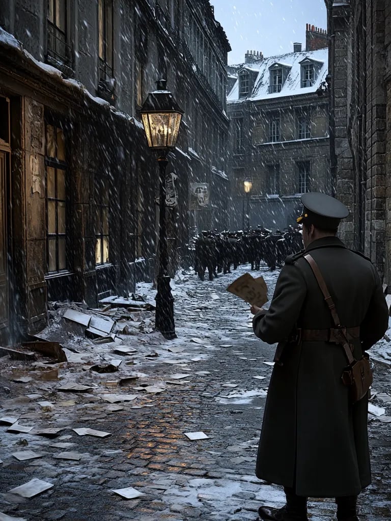 snow falling gently over a quiet square littered with broken window panes