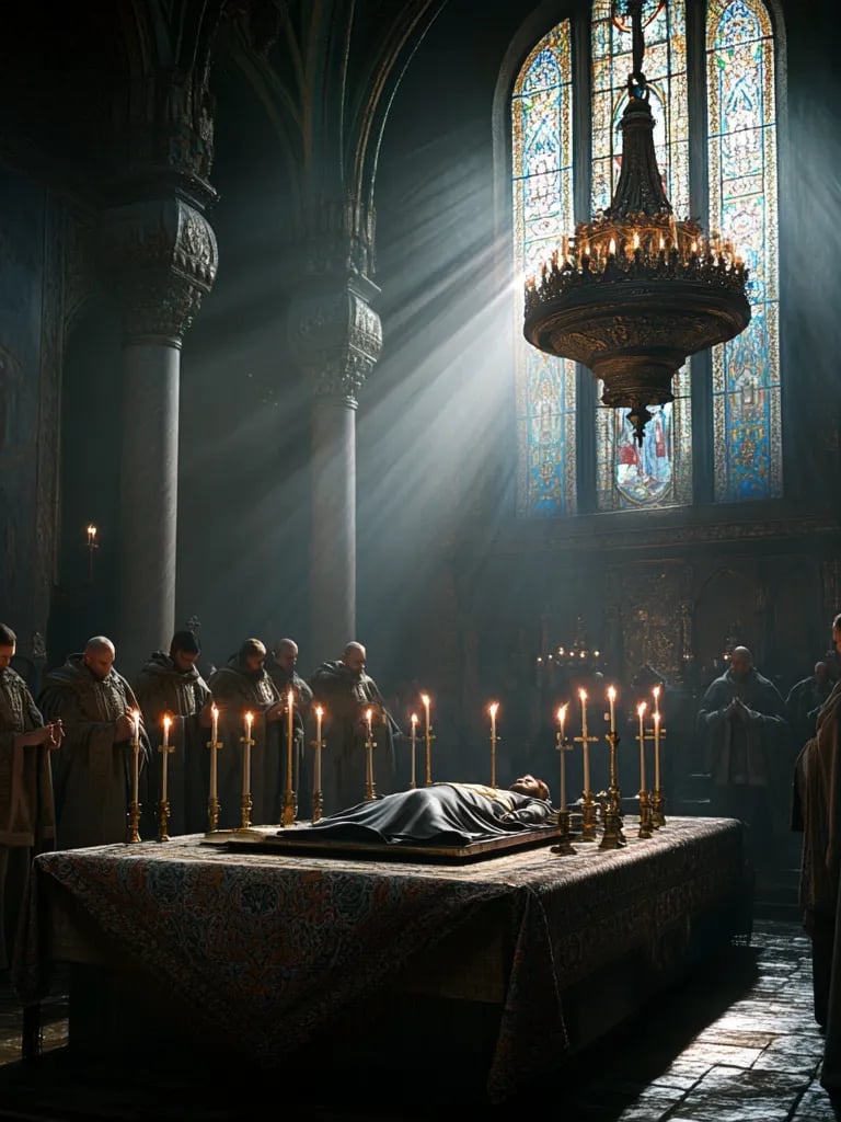 somber royal chapel, body of the prince resting on an embroidered cloth surrounded by tall burning c
