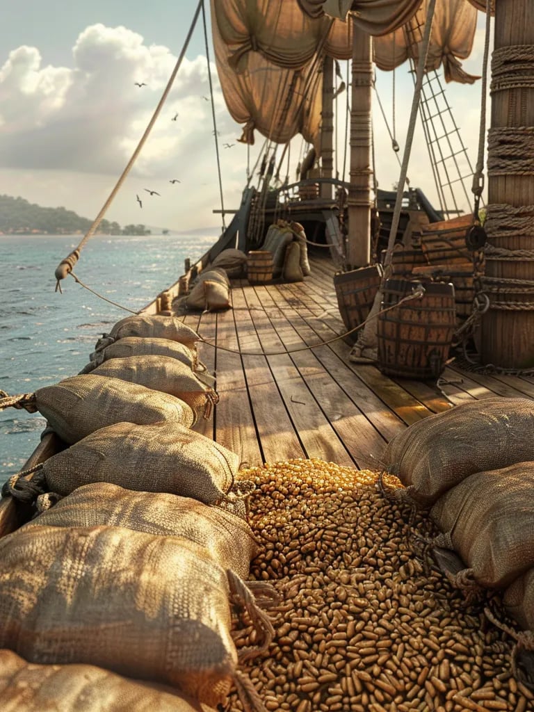 sacks filled with maize being loaded onto the Santa Maria
