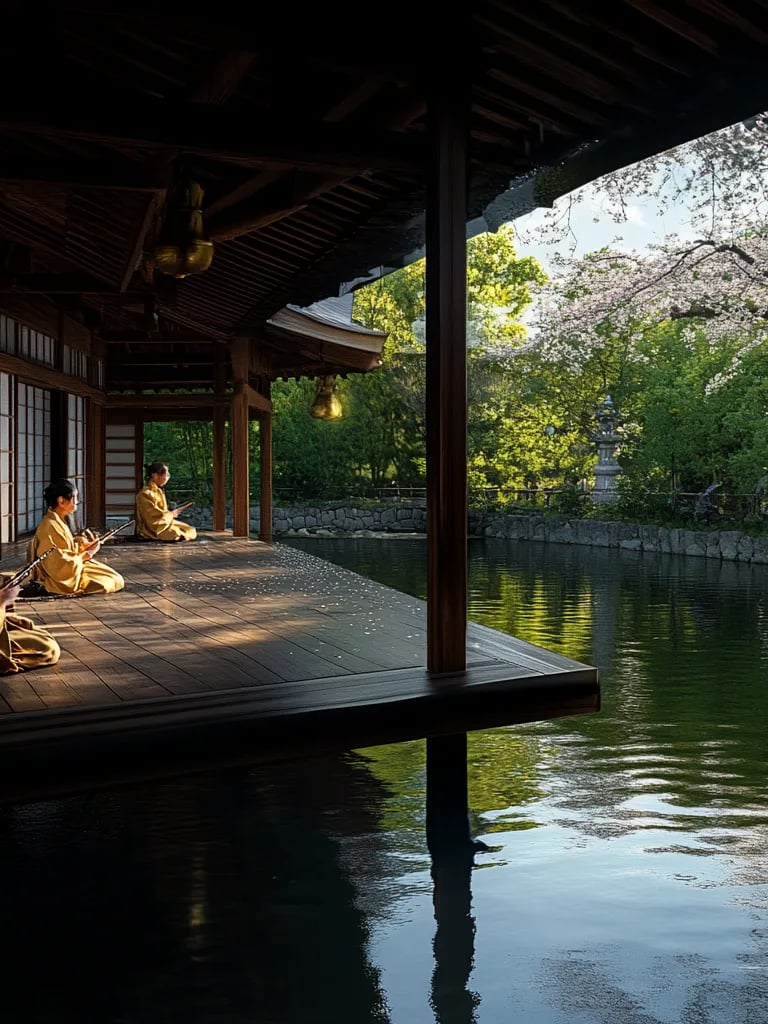 first wooden pavilions and canals in Heian-kyō complete, poets seated beneath blossoming sakura tree