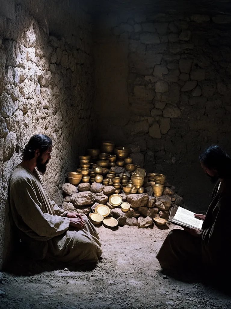 stone chamber dimly lit by torchlight, piles of gleaming gold artifacts stacked in the background 