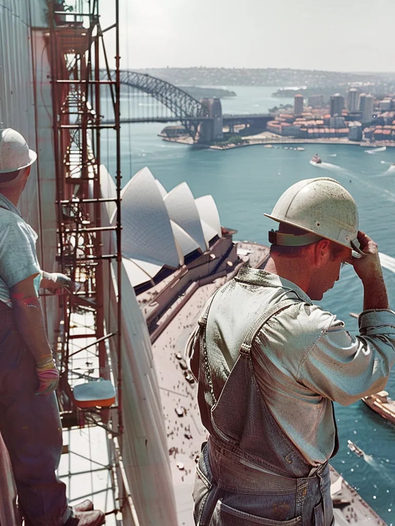 workers in hard hats and overalls standing on scaffolding, putting the final touches on the Opera Ho