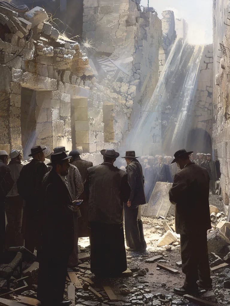 rabbis gathered outside a half-collapsed synagogue