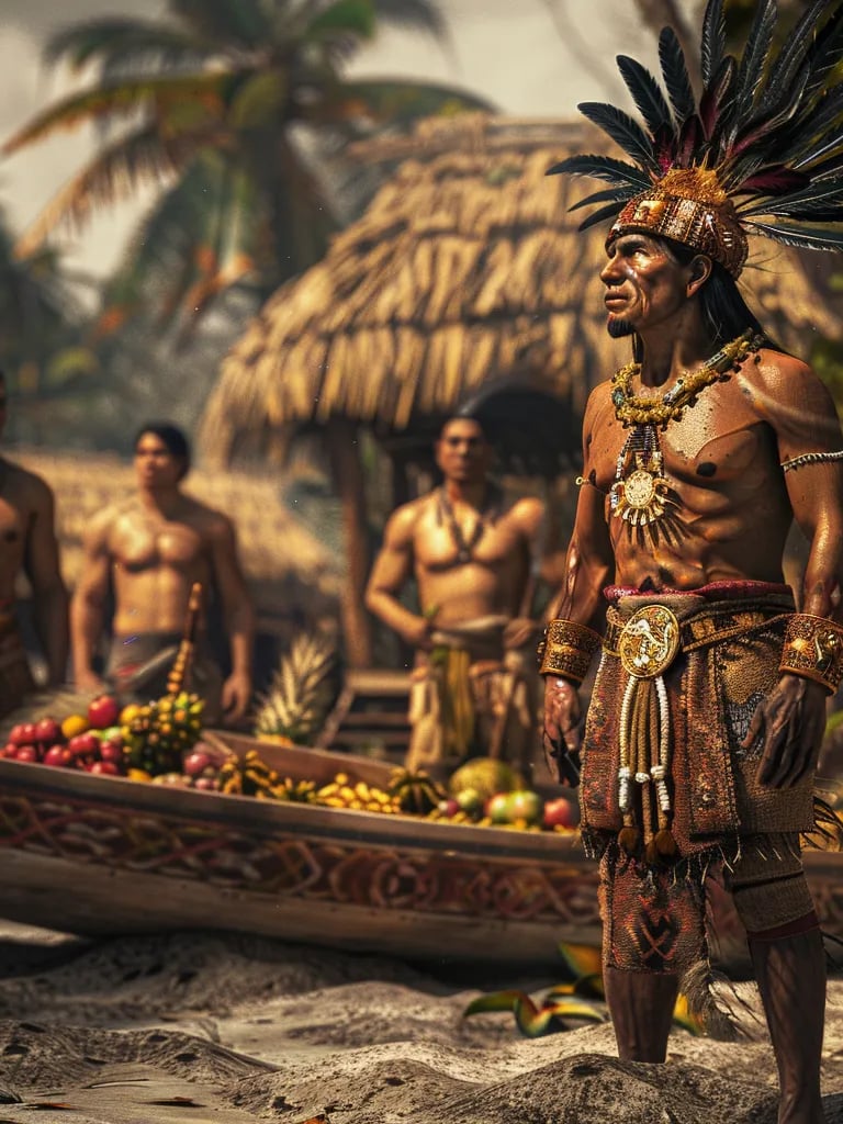 aino chief standing, adorned in intricate gold ornaments and woven cotton robes