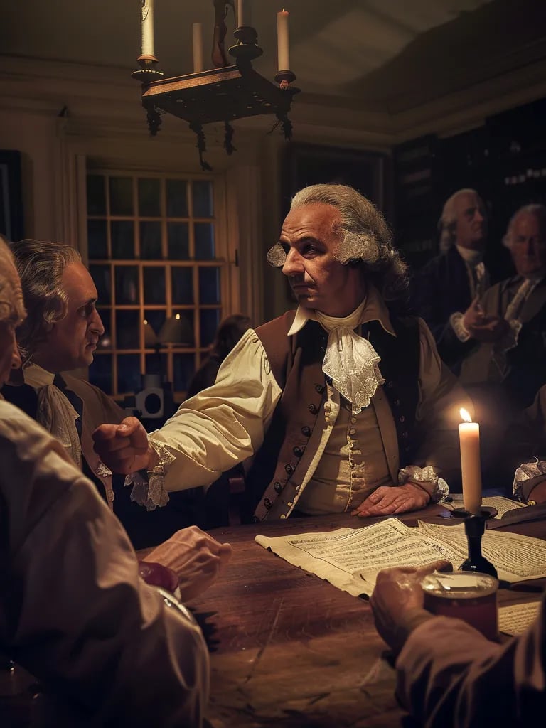 colonial leaders gathered around a wooden table inside a candlelit tavern