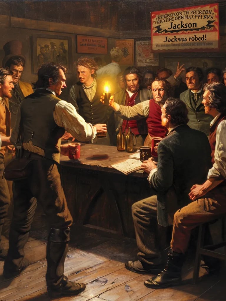 men in waistcoats gathered around a wooden bar, heatedly debating the election outcome
