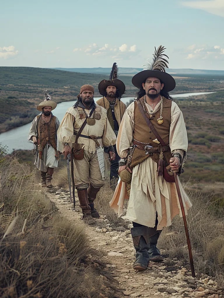 Cabeza de Vaca and three Spanish survivors walking through a vast Texan landscape