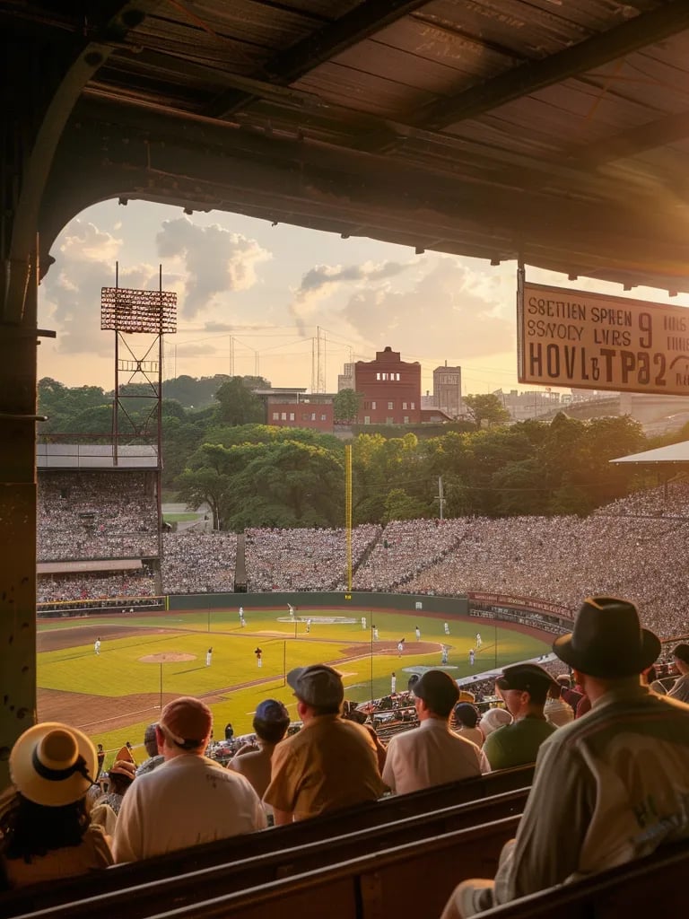 fans sitting in bleachers at the stadium, with players on the field preparing for the next pitch