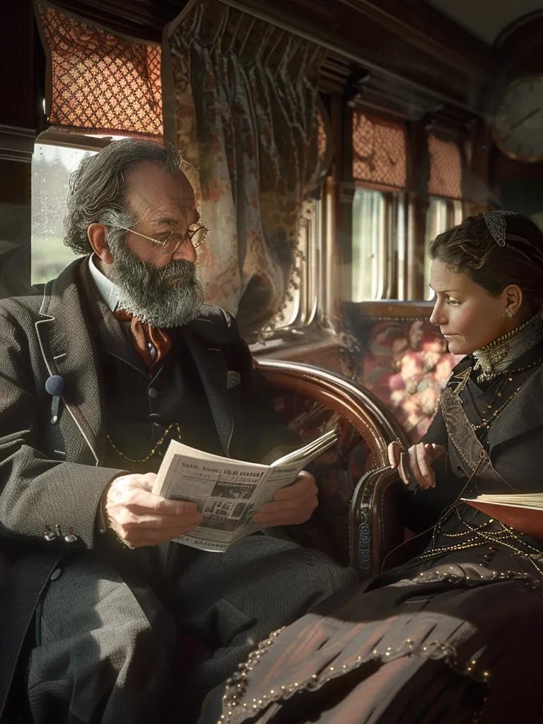 gentleman in a dark coat and cravat seated in a lavishly upholstered railway carriage, reading