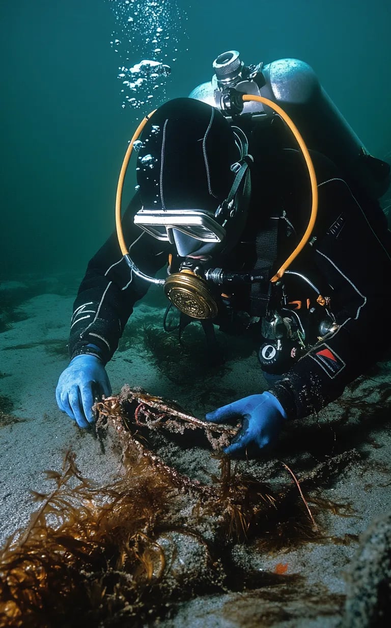 Divers in 1970s neoprene suits and twin tanks hover by an encrusted capstan