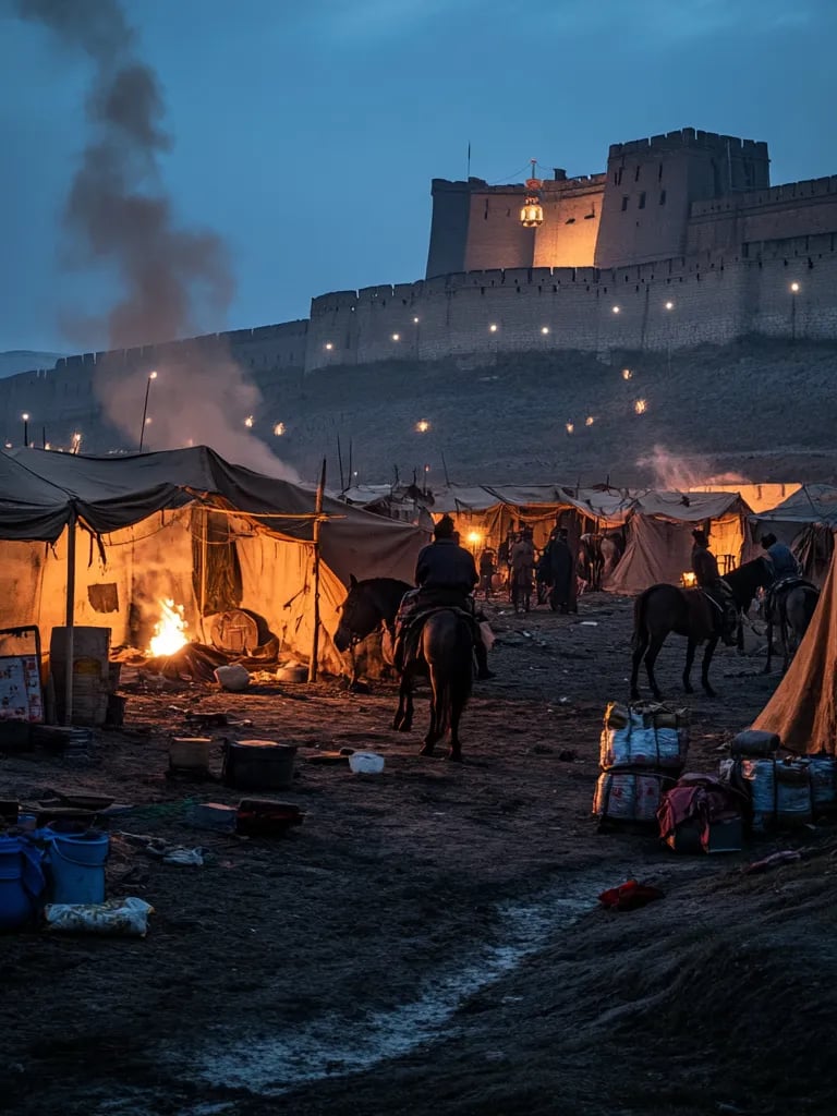 Twilight over makeshift Uyghur military camp outside Luoyang’s massive city walls