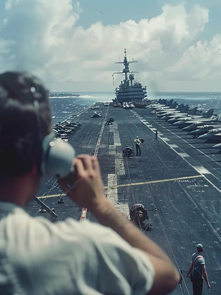 American aircraft carrier on high alert, F-8 Crusader fighter jets lined up on the deck