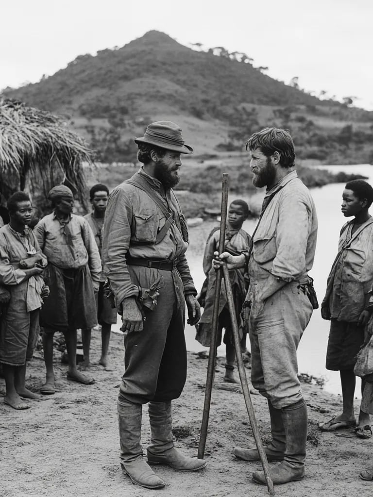  Henry Morton Stanley, dressed in a rugged explorer’s uniform, stands face-to-face with Livingstone