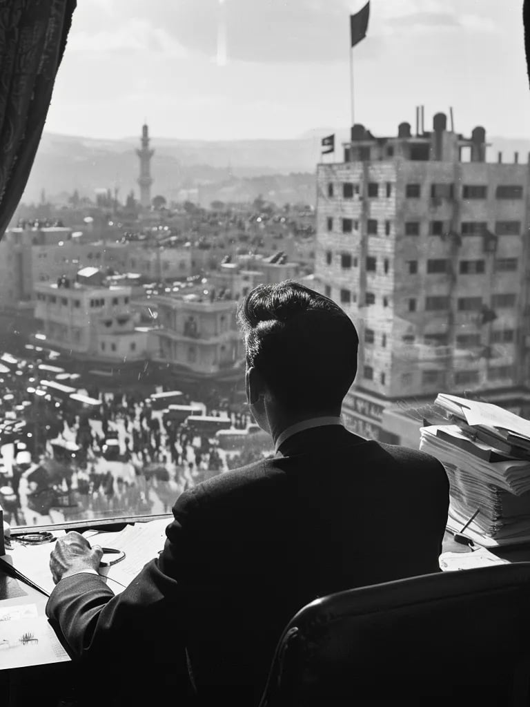 UN diplomat in a dark suit reviewing an urgent report on the Qibya massacre
