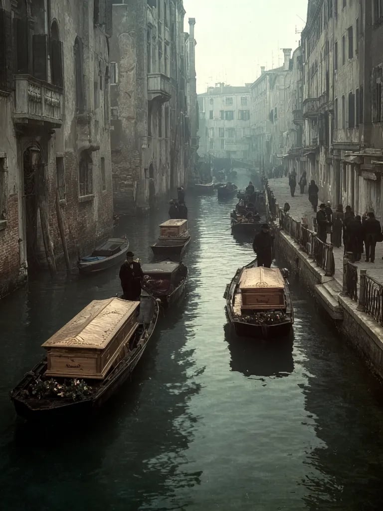 annaregio Canal: swollen with funeral barges ferrying wooden coffins past shuttered Gothic palaces
