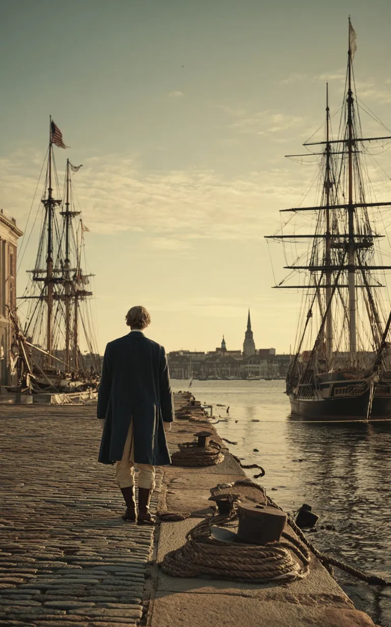 Financier off-center on top step, moored schooners and spires in background