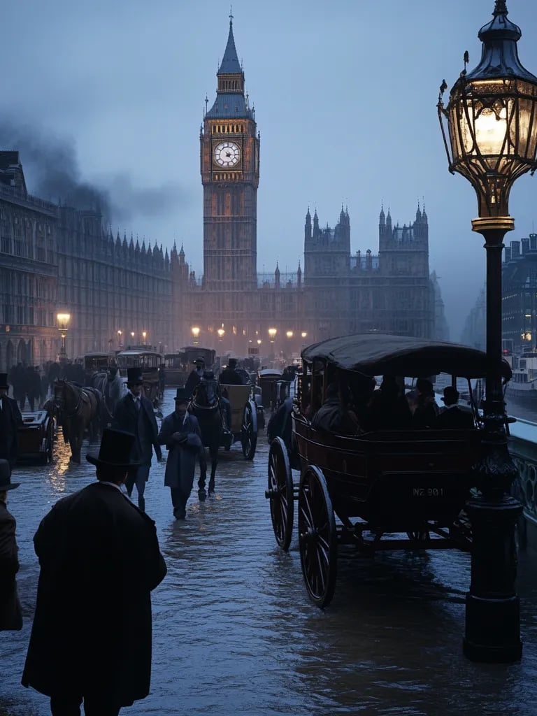 Victorian street scene along the Thames embankment, 1856, horse-drawn carriages