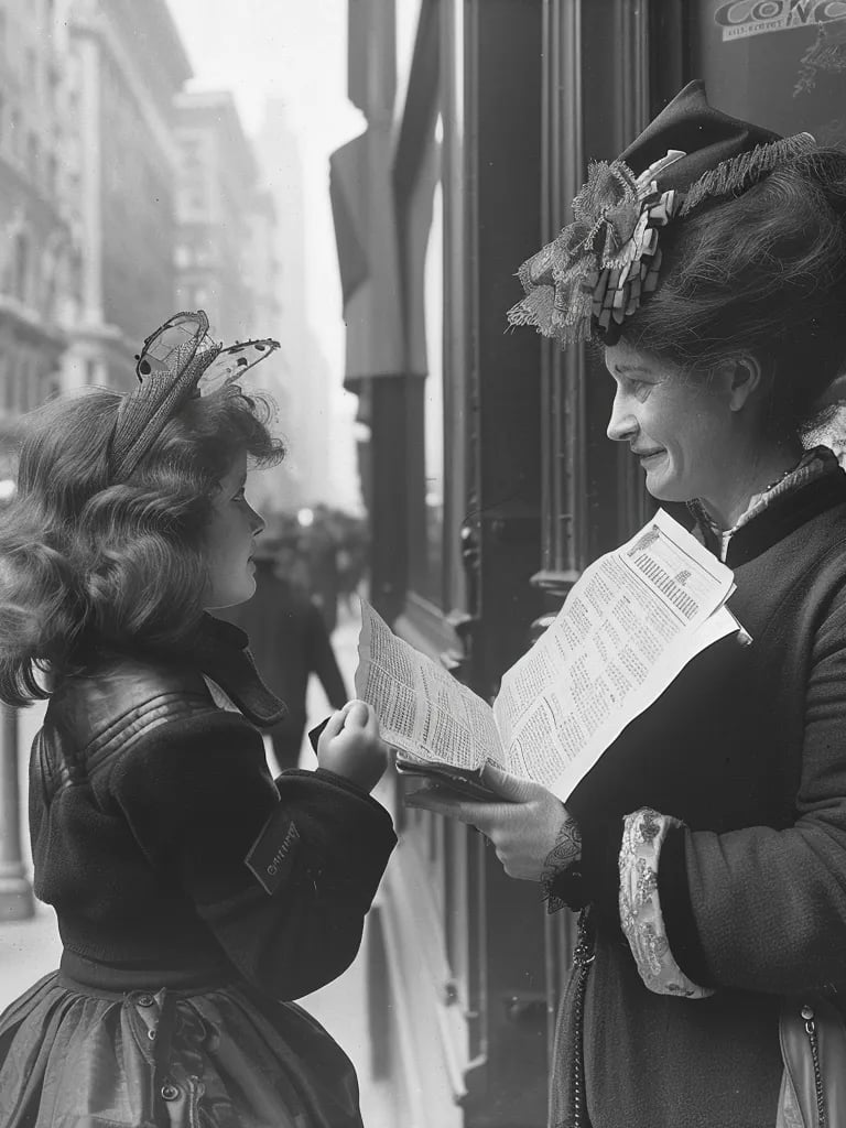 a suffragist reading a breaking news bulletin outside a newspaper office