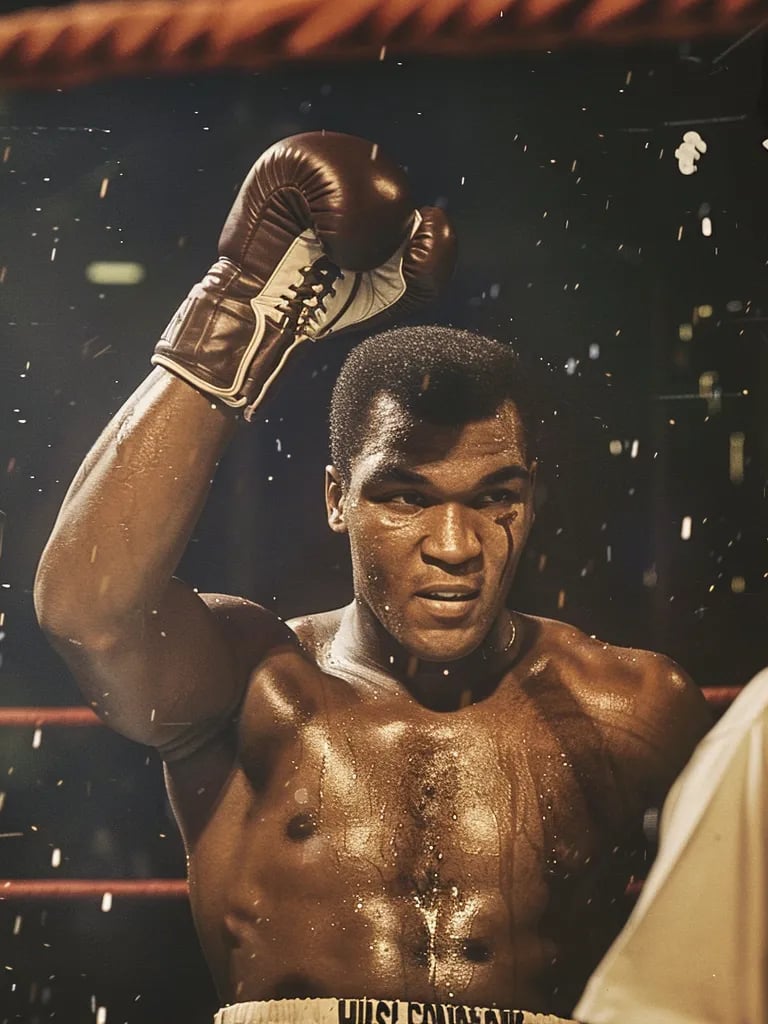 Cassius Clay with his gloved hand raised in triumph by the referee