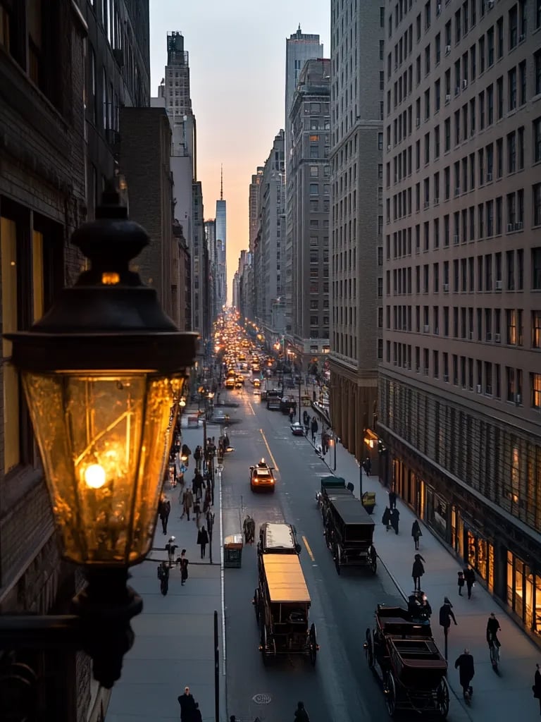 view from a balcony above Fifth Avenue at sunset, long shadows stretching across cobbled street
