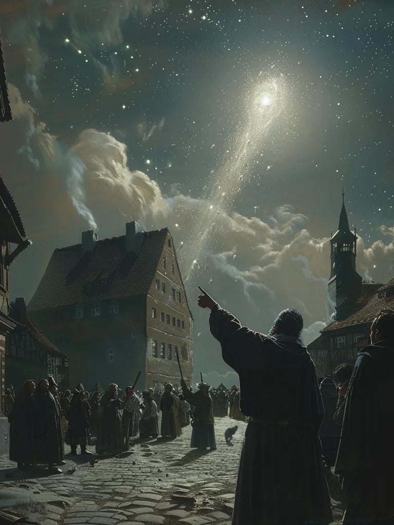  villagers gathered at night, pointing at the supernova with expressions of awe and fear.