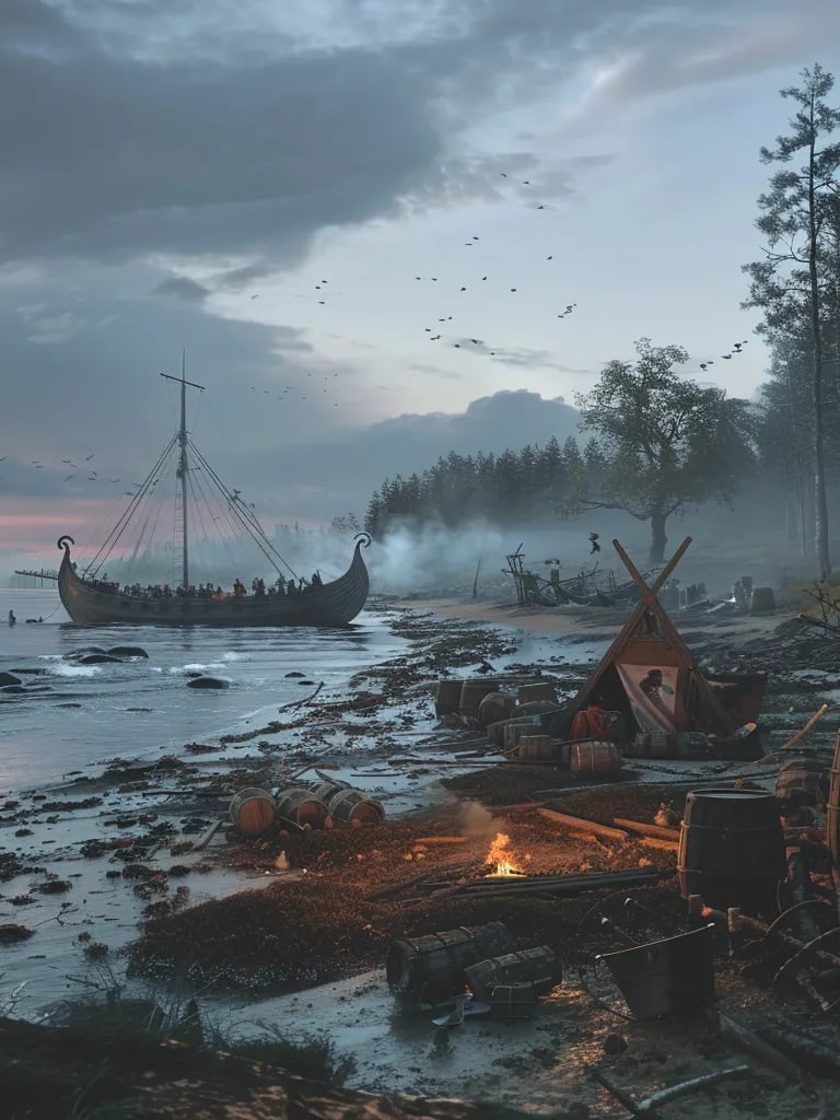 the crew sets up a makeshift camp. Smoke rises from a newly lit fire