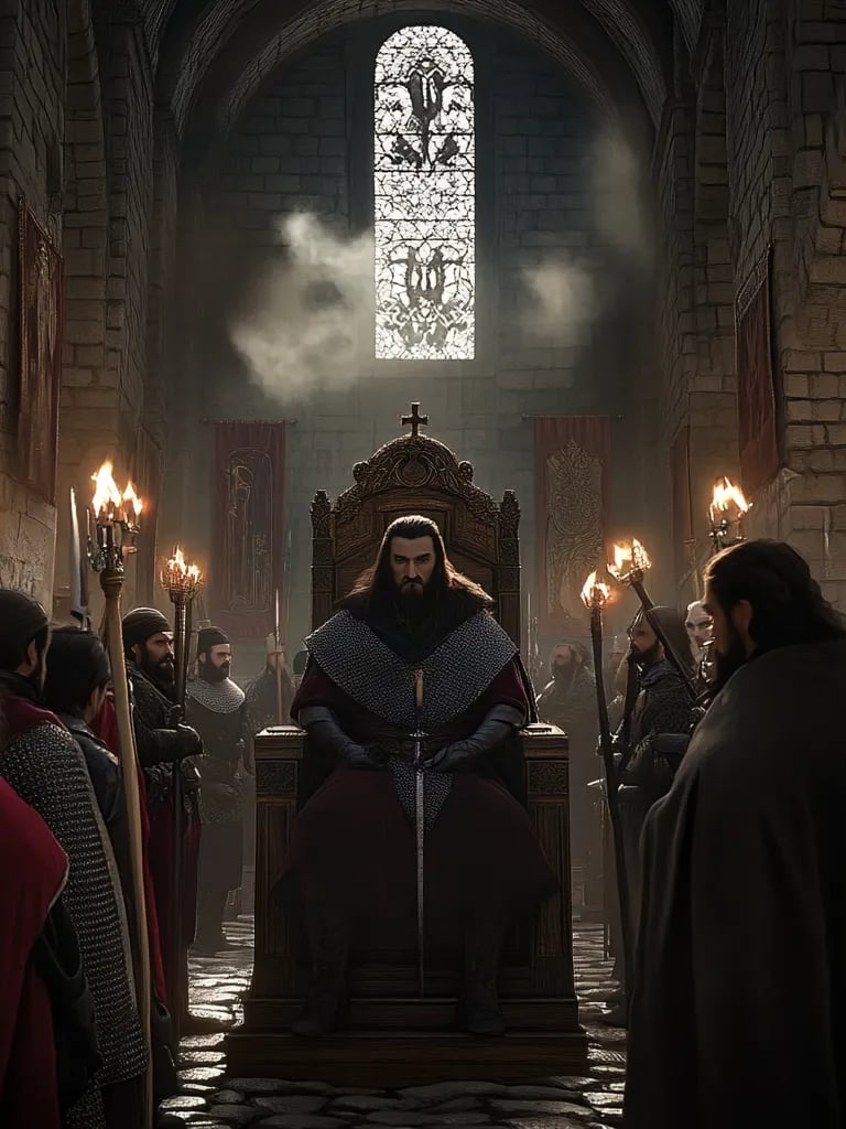 Vlad sits on a carved oak throne emblazoned with snarling wolves