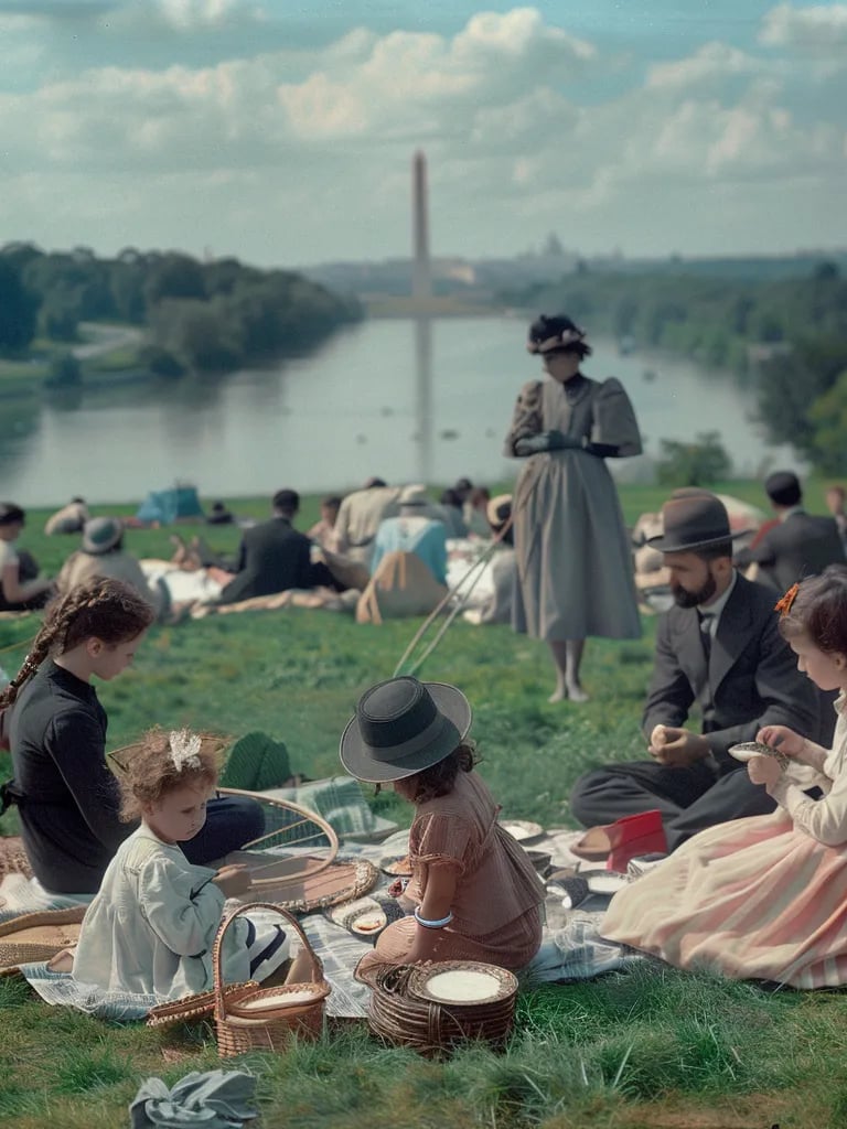  group of families enjoying a picnic on the lawn near the monument