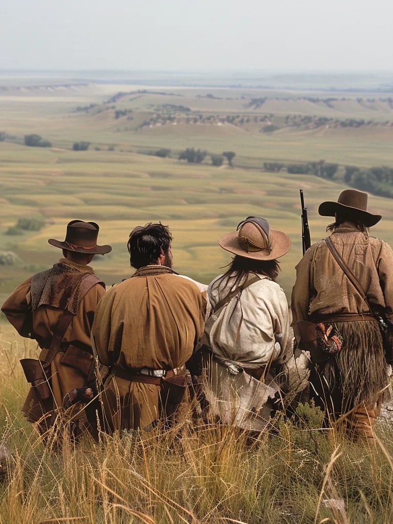 group of pioneers in buckskin clothing, standing atop a grassy hill
