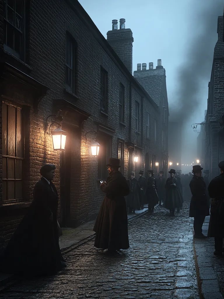 ftermath of the murders as panic spreads through the streets of Whitechapel. Local residents, dresse