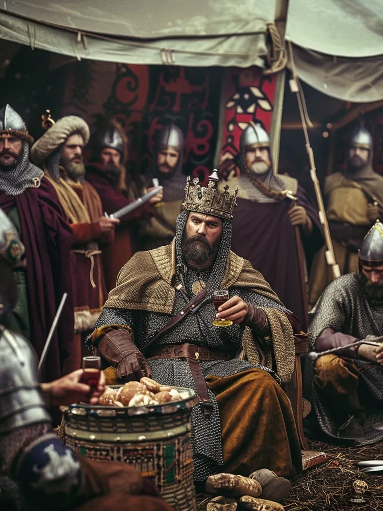  William, Duke of Normandy, seated on a makeshift throne inside a richly decorated tent