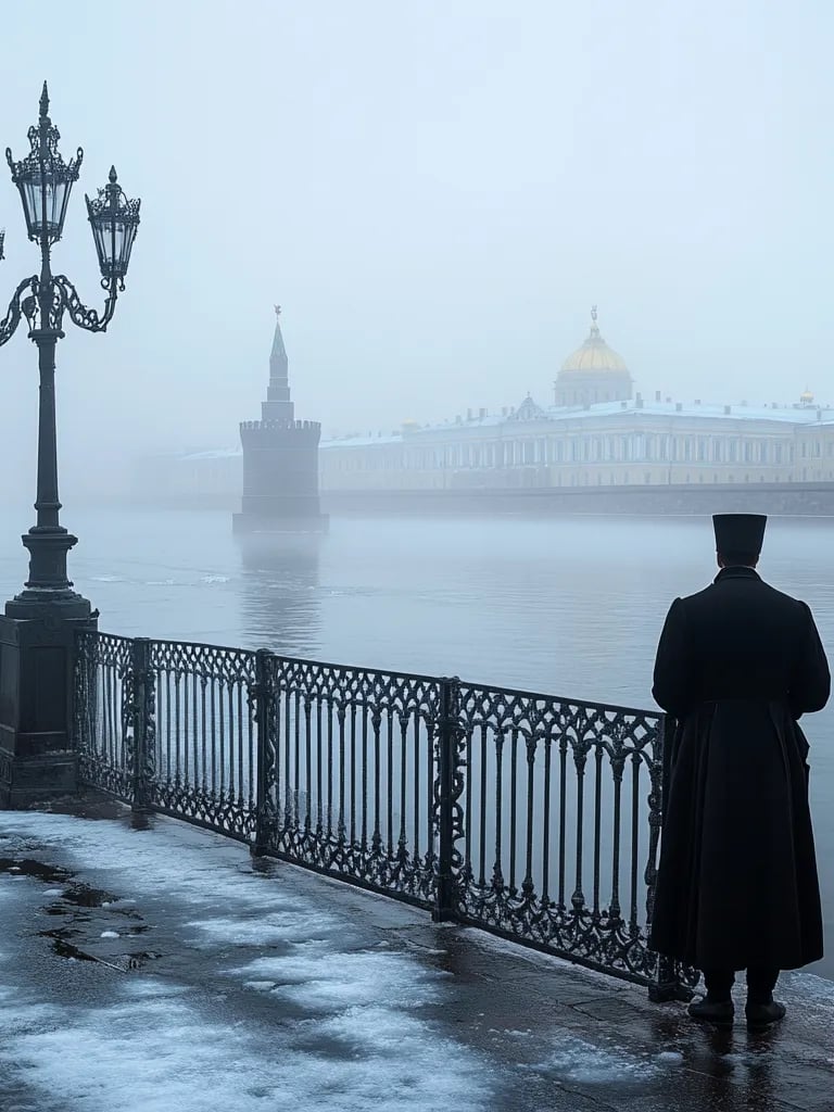 Early morning fog blanketing the Neva River, distant silhouette of the Winter Palace