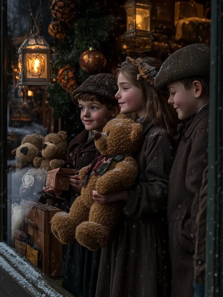 Children outside a store gazing through frosted glass at plush teddy bears in display