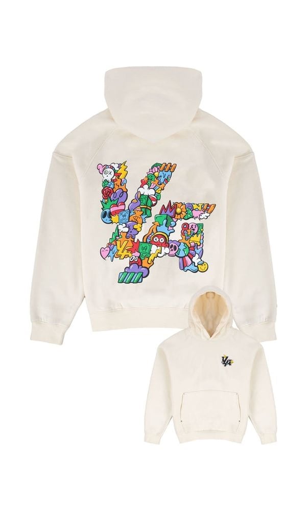 a white hoodie with a colorful, cartoon - like design