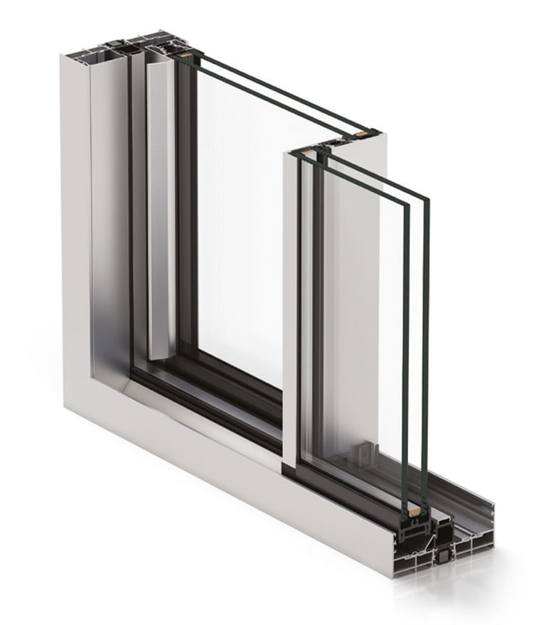 Cross-section of a double-glazed energy-efficient aluminum sliding door frame for modern construction.