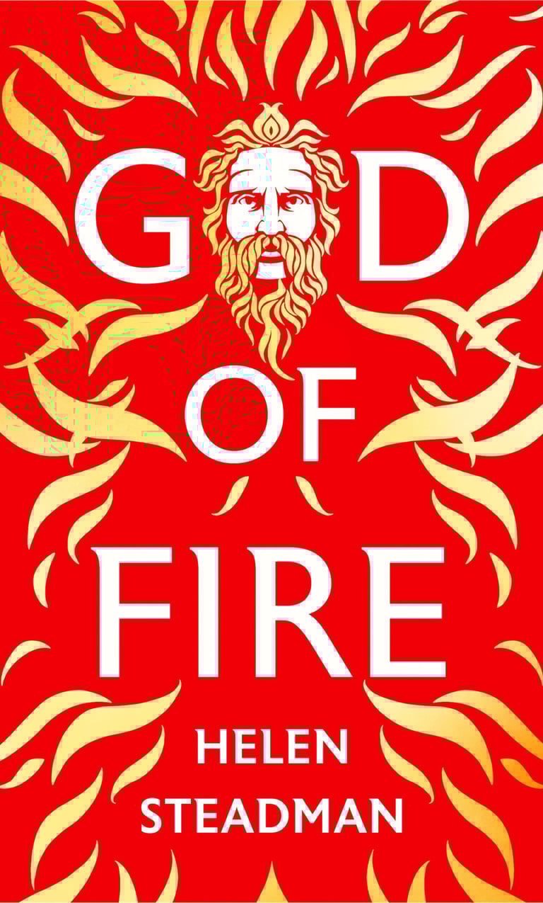 A bearded Greek god emerges from golden flames on a scarlet background.