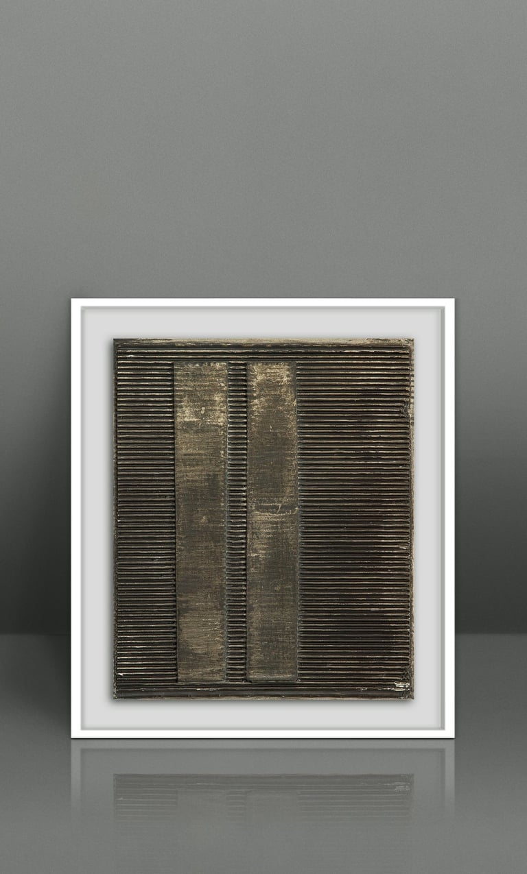 Framed gold and black abstract textured wall art featuring vertical metallic bands on a ribbed background.